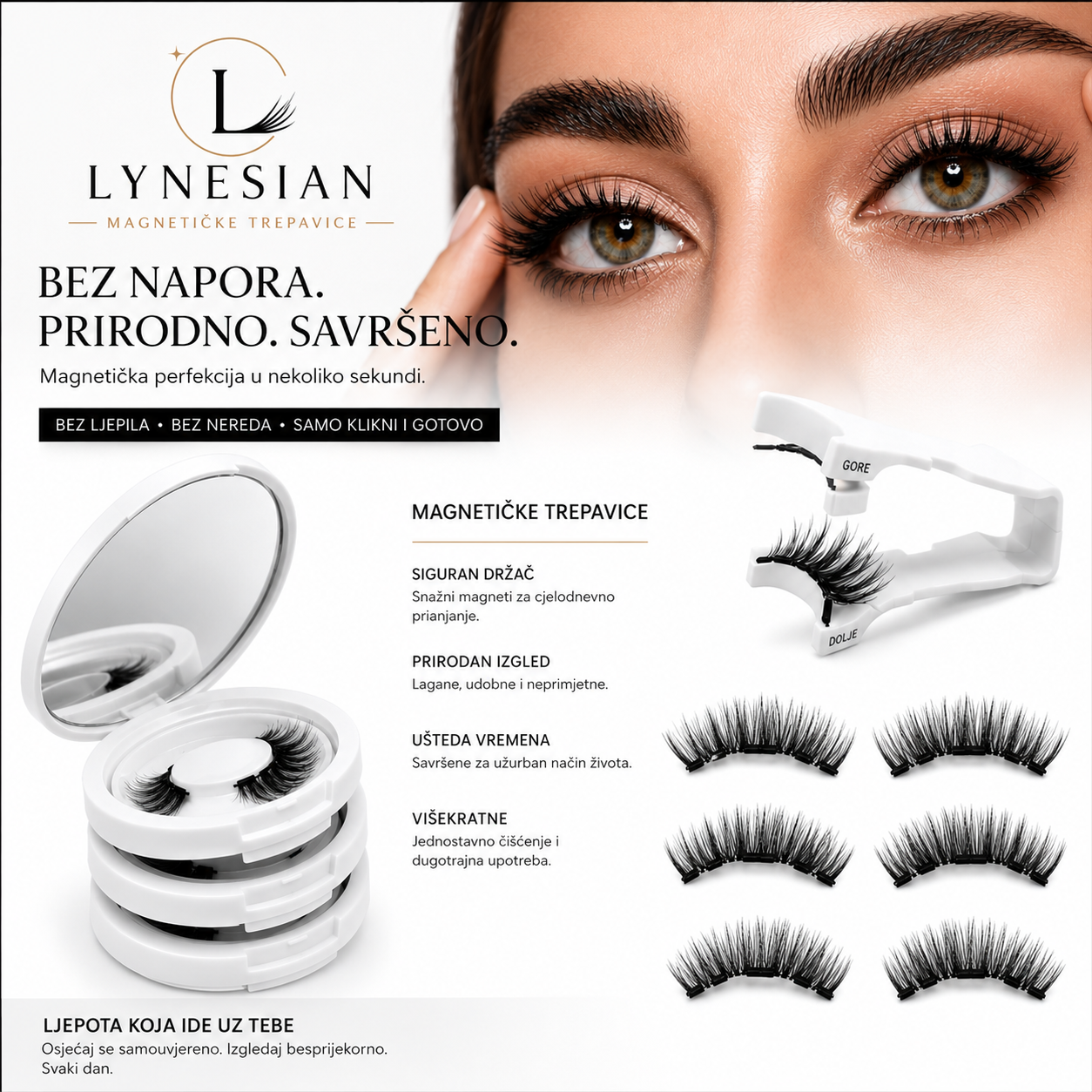 Lynesian magnetic eyelash adhesive kit with false eyelashes, a white application tool, and an open round mirror, shown on a white background with a close-up of a model's eyes. Includes text in Croatian describing the magnetic lashes and application process.