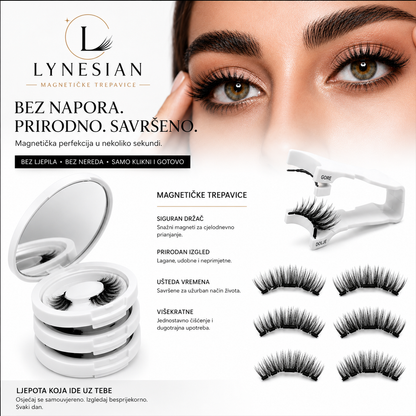 Lynesian magnetic eyelash adhesive kit with false eyelashes, a white application tool, and an open round mirror, shown on a white background with a close-up of a model's eyes. Includes text in Croatian describing the magnetic lashes and application process.