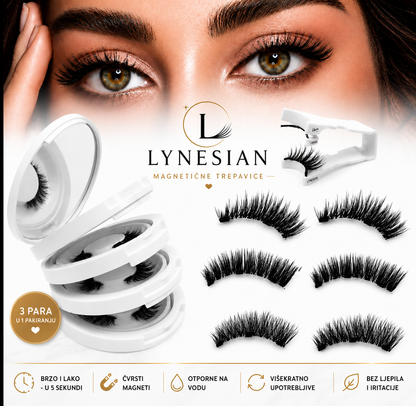 Lynesian magnetic false eyelashes set shown with multiple black lash strips, an open white case, a white clip tool, and a close-up of a woman's eyes wearing the lashes. Text and icons describe quick application, strong magnets, water resistance, and comfort.